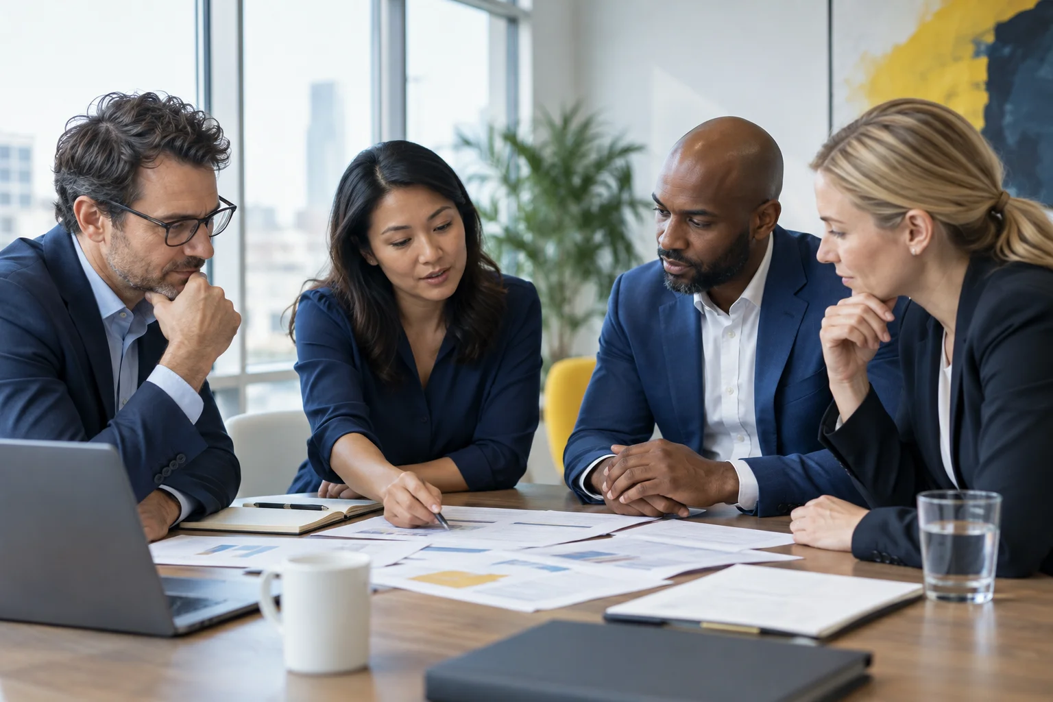 Illustrative scene of business leaders reviewing a plan together